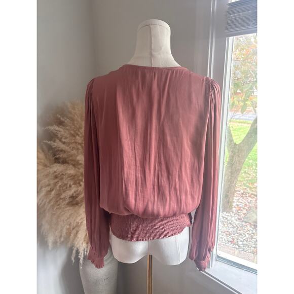 Joie Smocked Puff Sleeve Blouse Womens Small Mauve Dusty Rose Pink Top - Picture 6 of 7